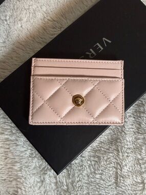 Versace Quilted Pink Leather Card Case with Gold Button